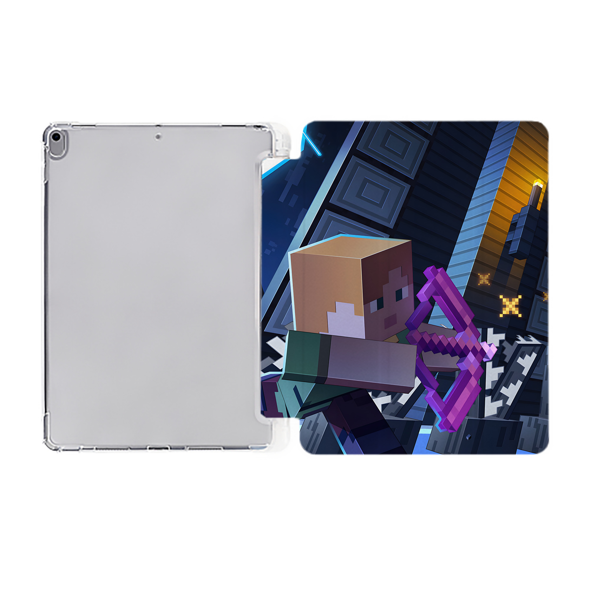 （画像用） マインクラフト ブロックの世界 Minecraft MC Block world IPad ケース ペン収納付き 三つ折りスタンド PUレザー×シリコン 対応機種9.5/10.5/10.9インチ